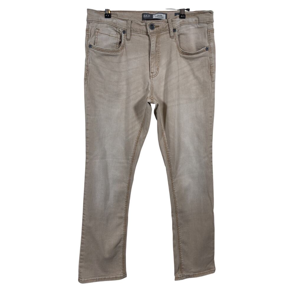 BKE Jake Straight Jeans Mens 34 Khaki Tan Stretch Regular Fit Mid Rise Buckle
